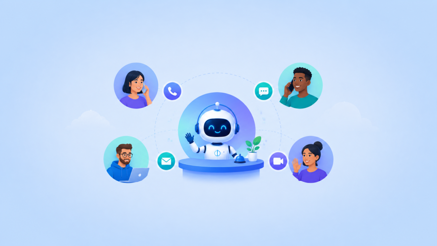 An illustration of an AI receptionist in the center of four icon circles with diverse team members of a small business on a blue background.