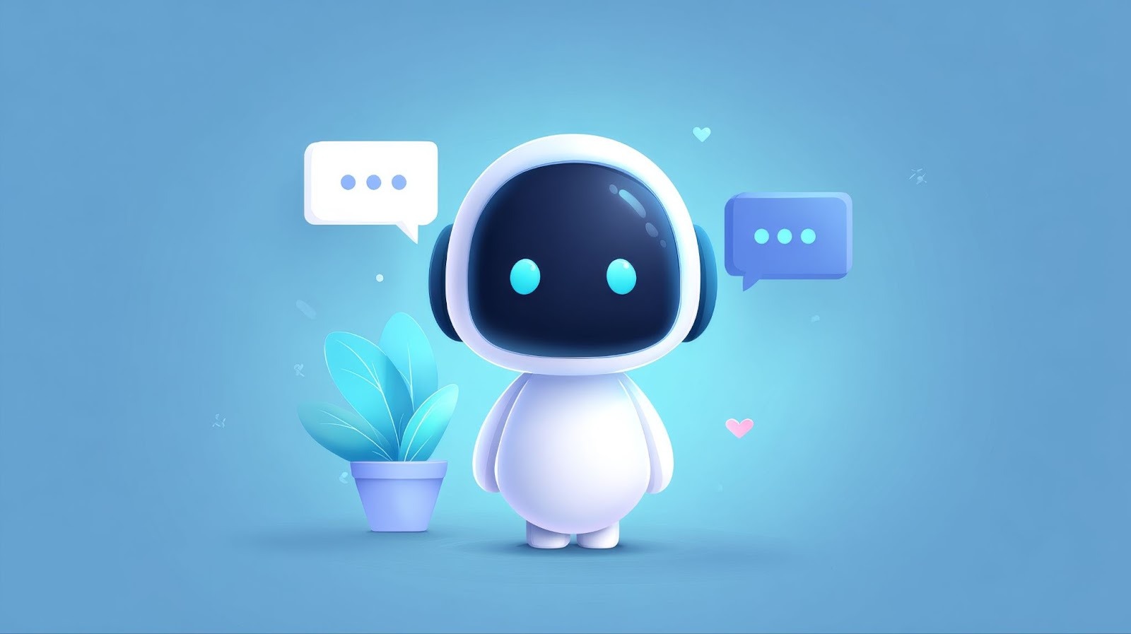 Cartoon illustration of a digital chatbot and a plant with a chat icon.