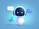 Cartoon illustration of a digital chatbot and a plant with a chat icon.