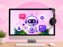 Illustration of an AI customer support agent in a computer office setting with a headset on top.