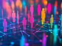 Colorful figures stand on a digital grid showing diverse customer insights on a customer record.
