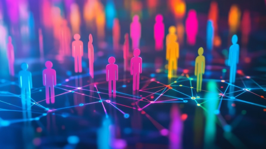 Colorful figures stand on a digital grid showing diverse customer insights on a customer record.