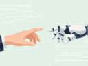 A human hand gently touches a robotic hand, symbolizing the evolving connection and collaborative future between humanity and artificial intelligence.