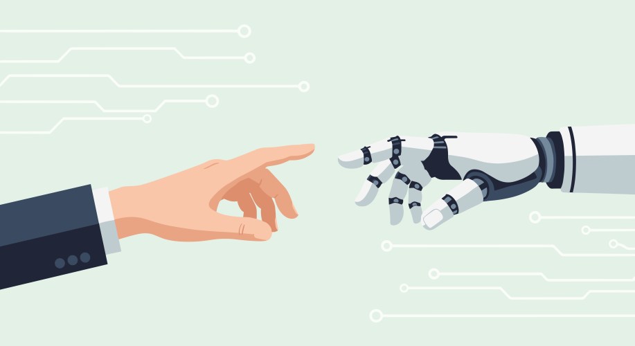 A human hand gently touches a robotic hand, symbolizing the evolving connection and collaborative future between humanity and artificial intelligence.