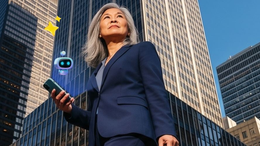 Businesswoman walking with phone supported by AI agent in a city