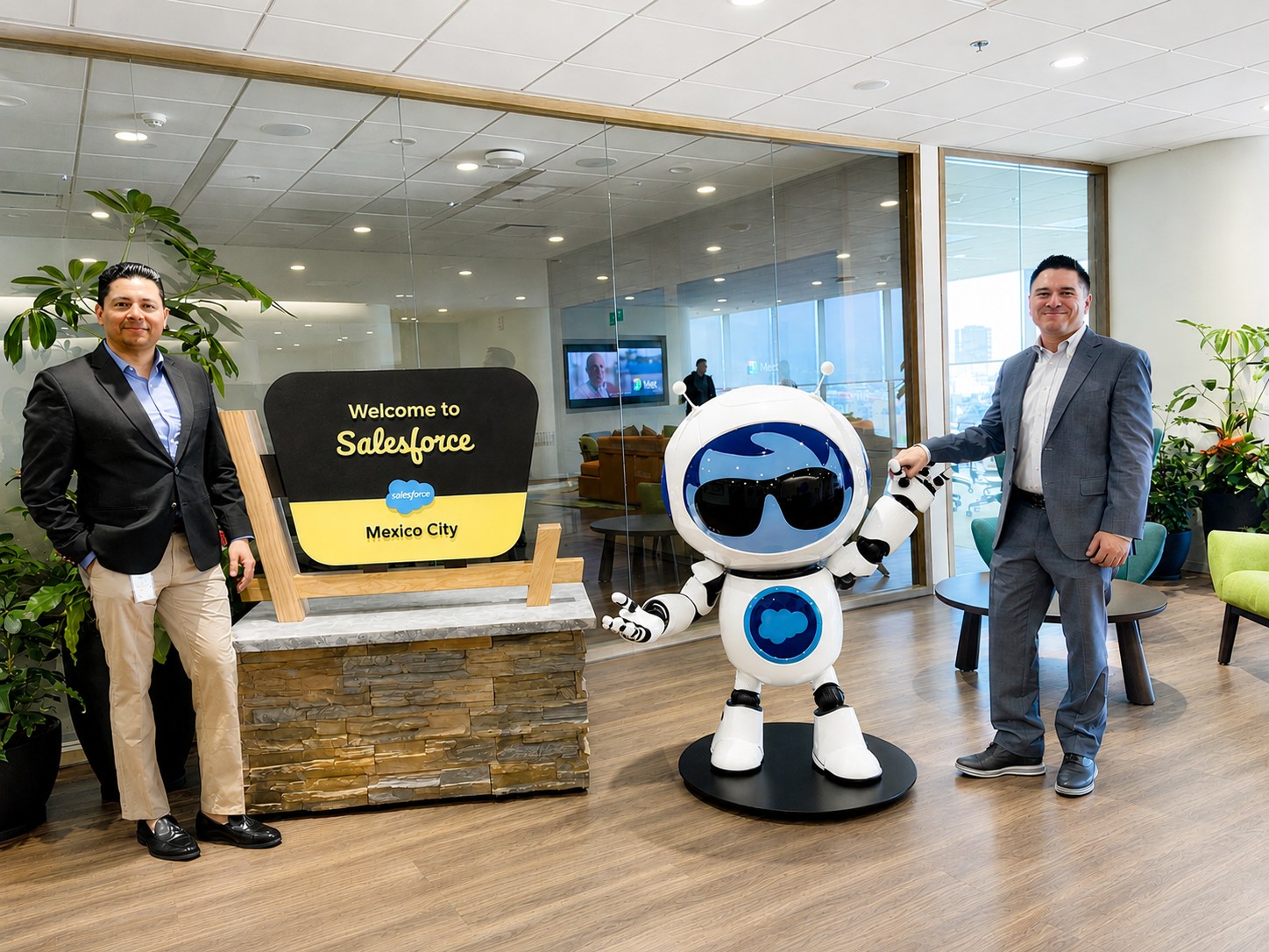 Two men stand in the Salesforce Mexico City office