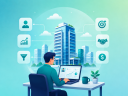 An illustration of a startup highrise and icons of deal management and a male sales rep using deal management software on a teal background.