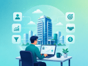 An illustration of a startup highrise and icons of deal management and a male sales rep using deal management software on a teal background.
