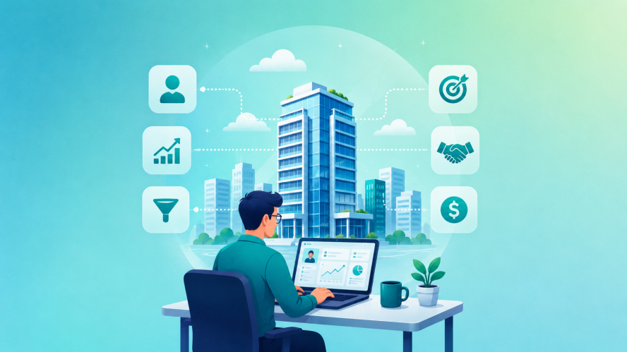 An illustration of a startup highrise and icons of deal management and a male sales rep using deal management software on a teal background.