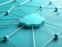 3D connection network with a central cloud symbol on a teal background.