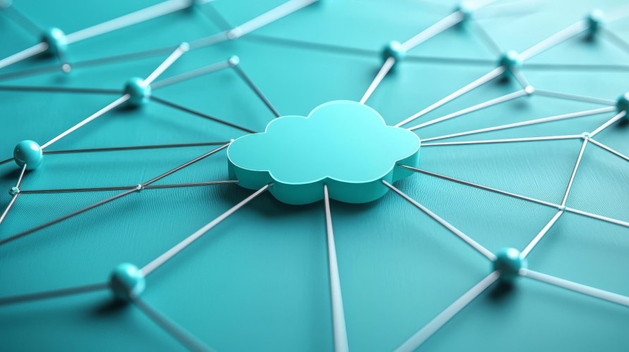 3D connection network with a central cloud symbol on a teal background.