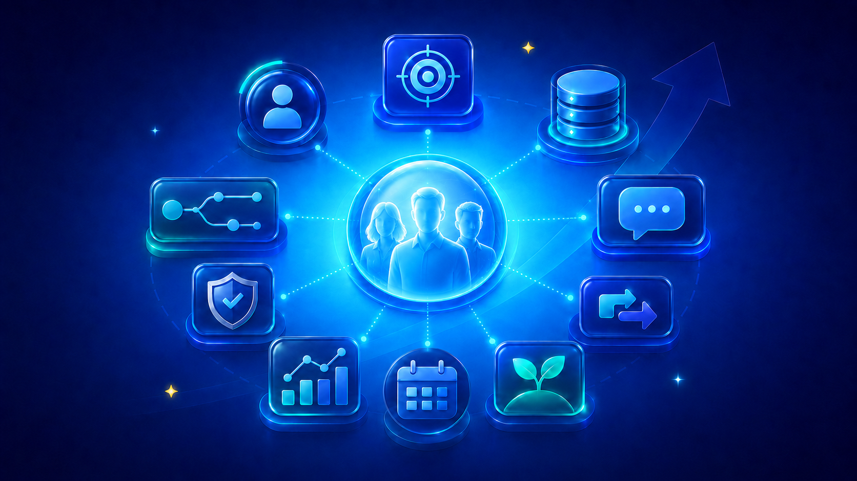 Illustration of a team in the center of icons representing business agents, dark blue.