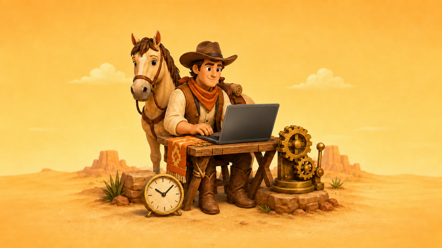 Illustration of a cowboy and horse in the west, with a laptop and desk showcasing solopreneur tools for the lone business ranger.