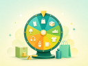 An illustration showing a wheel of product icons and shopping commerce icons on a green and yellow background.