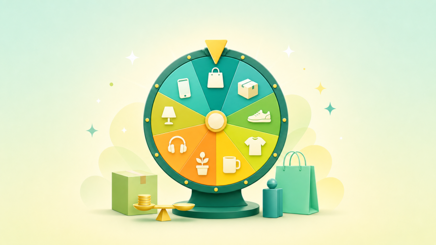 An illustration showing a wheel of product icons and shopping commerce icons on a green and yellow background.