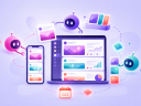 An illustration showing social AI agents circling a computer screen with social media icons on a purple background.