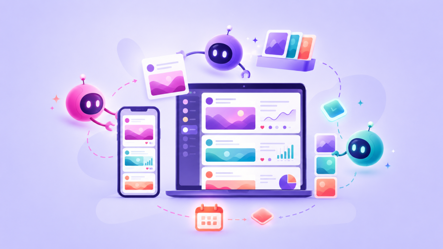 An illustration showing social AI agents circling a computer screen with social media icons on a purple background.