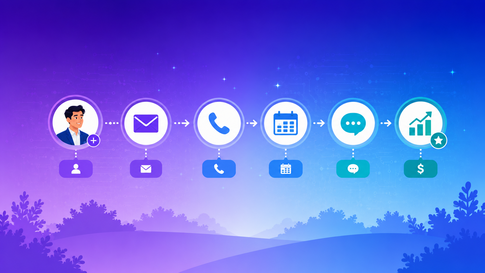 Illustration of the timeline of icons from lead to customer, on a gradient purple and blue background.