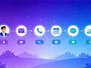Illustration of the timeline of icons from lead to customer, on a gradient purple and blue background.