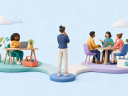 An illustration of a business owner in the center with two paths one to freelancer at at desk and one to a team at a desk.