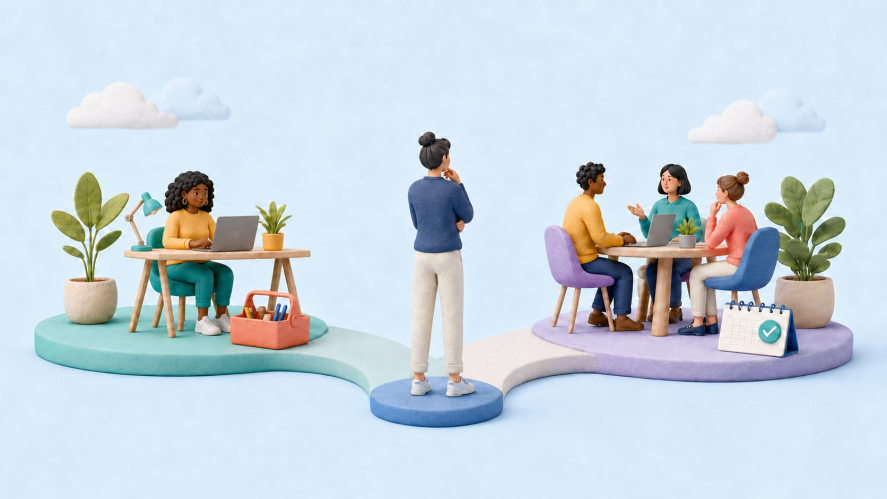 An illustration of a business owner in the center with two paths one to freelancer at at desk and one to a team at a desk.