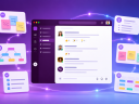 An illustration of virtual whiteboard in Slack with icons representing channels and Canvas on a gradient purple background.