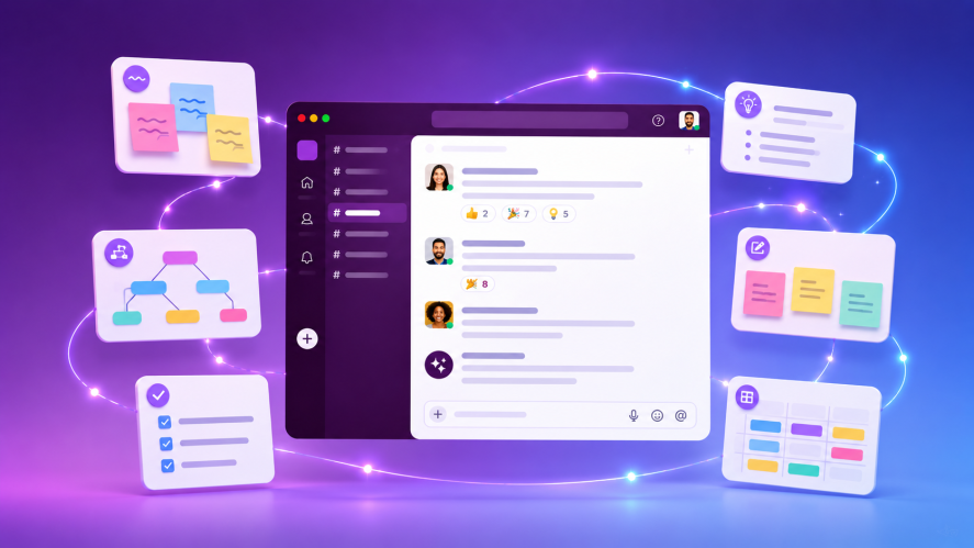 An illustration of virtual whiteboard in Slack with icons representing channels and Canvas on a gradient purple background.