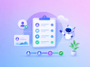 Illustration of the icons in business showing customer onboarding templates, check marks, and an AI agent on a gradient pastel background.