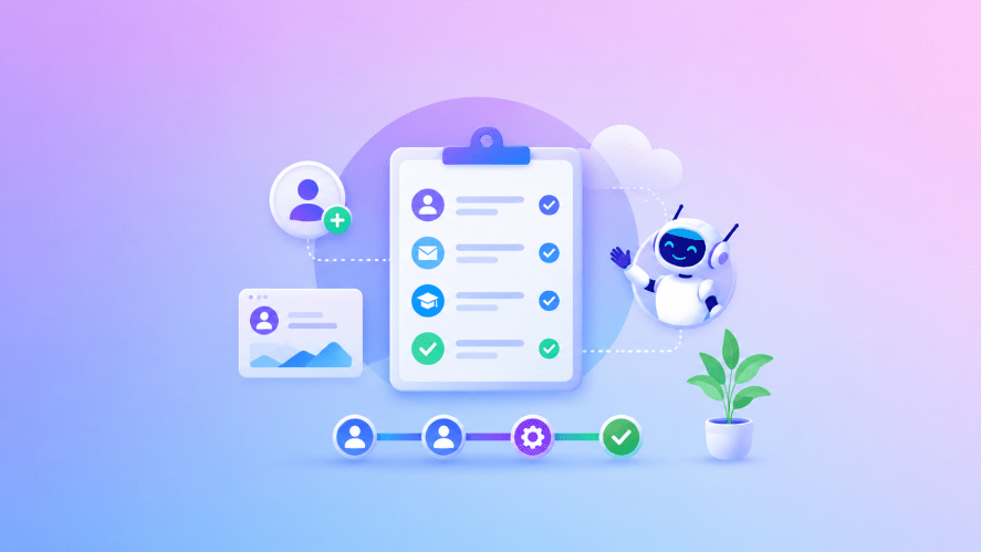 Illustration of the icons in business showing customer onboarding templates, check marks, and an AI agent on a gradient pastel background.