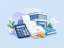 An illustration showing a calculator, receipts, and coins representing taxes on a building background with blue.