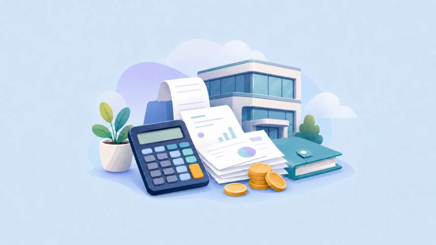 An illustration showing a calculator, receipts, and coins representing taxes on a building background with blue.