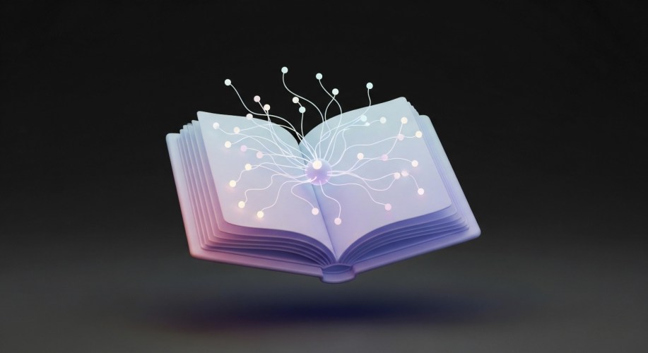 Open Book with Glowing Neural Network Lines, Digital Learning, Artificial Intelligence Concept