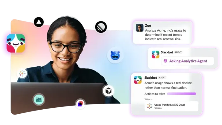 A woman staring at the computer with Salesforce product logos all around