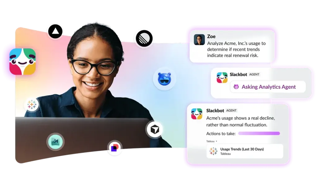 A woman looking at her laptop with Salesforce and Slackbot icons