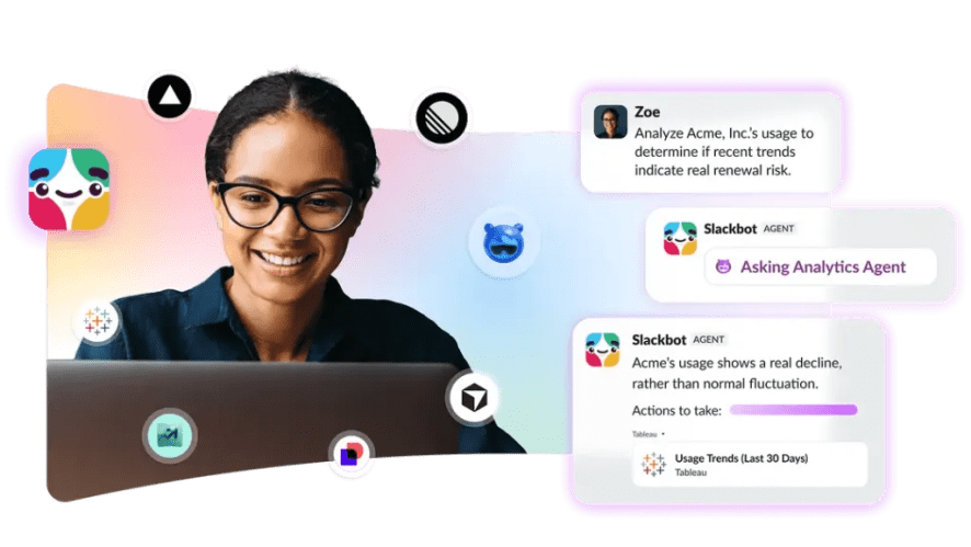 A woman looking at her laptop with Salesforce and Slackbot icons