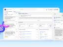 Screenshots of a Makana Pharma content management dashboard showing alerts, work items, and watchlist metrics alongside a mobile HCP profile view with an AI chat assistant, set against a blue background with a DNA helix graphic.