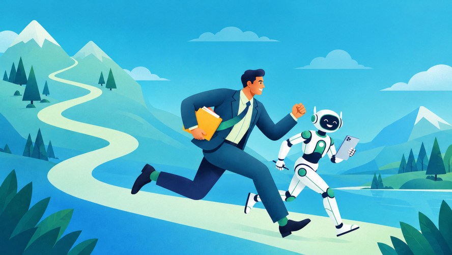 A man in a suit and an AI agent run down a road together.