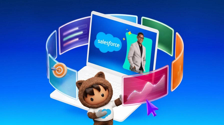 Astro in front of a laptop representing all the things that Salesforce does