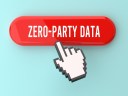 Red button, zero-party data text, computer cursor hand, clicking gesture, turquoise background, digital marketing concept, data privacy