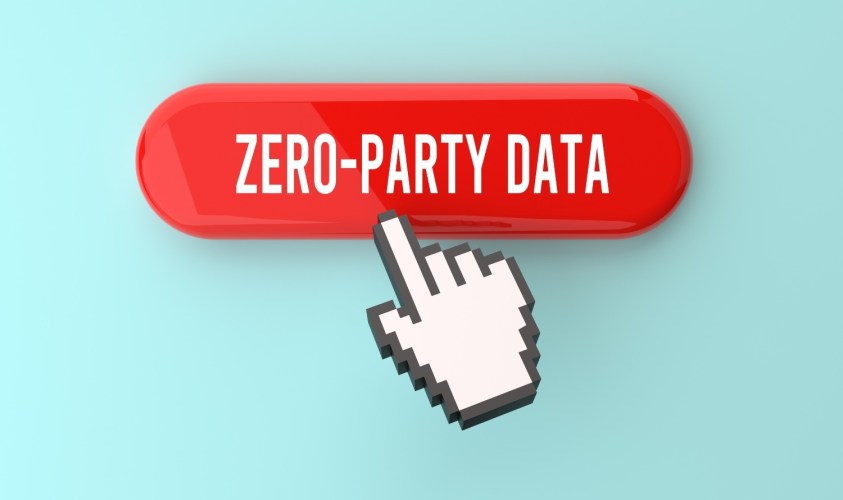 Red button, zero-party data text, computer cursor hand, clicking gesture, turquoise background, digital marketing concept, data privacy