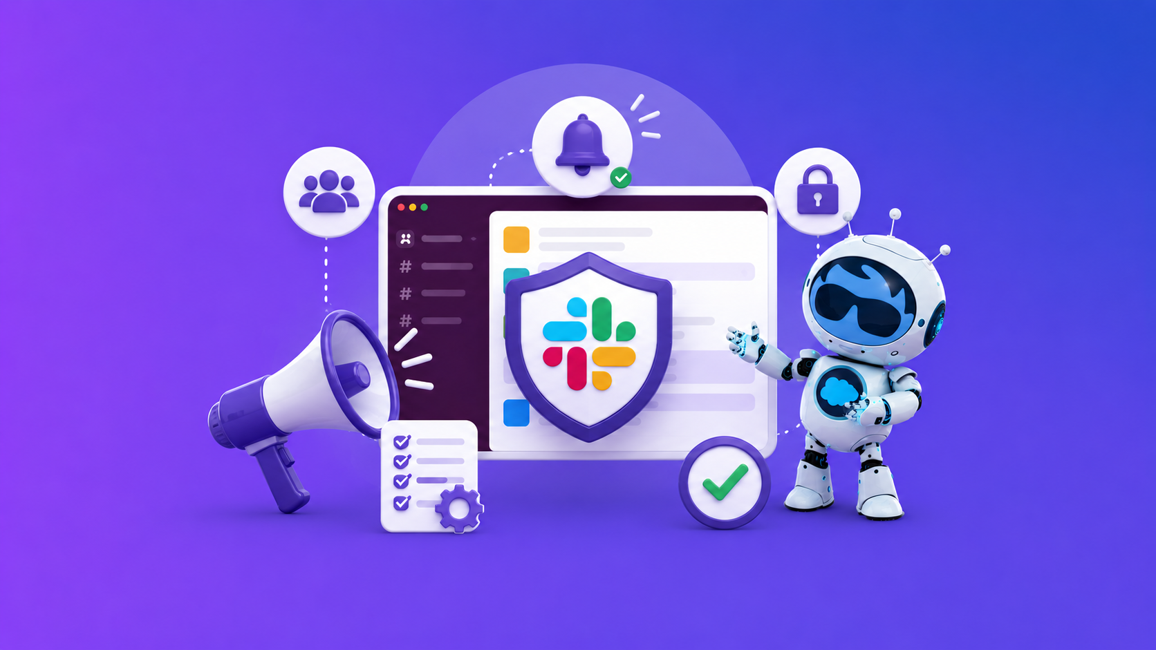 An illustration showcasing Slack interface with communication icons all around, and Salesforce astro character on a purple background.