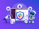 An illustration showcasing Slack interface with communication icons all around, and Salesforce astro character on a purple background.