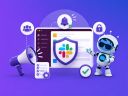 An illustration showcasing Slack interface with communication icons all around, and Salesforce astro character on a purple background.