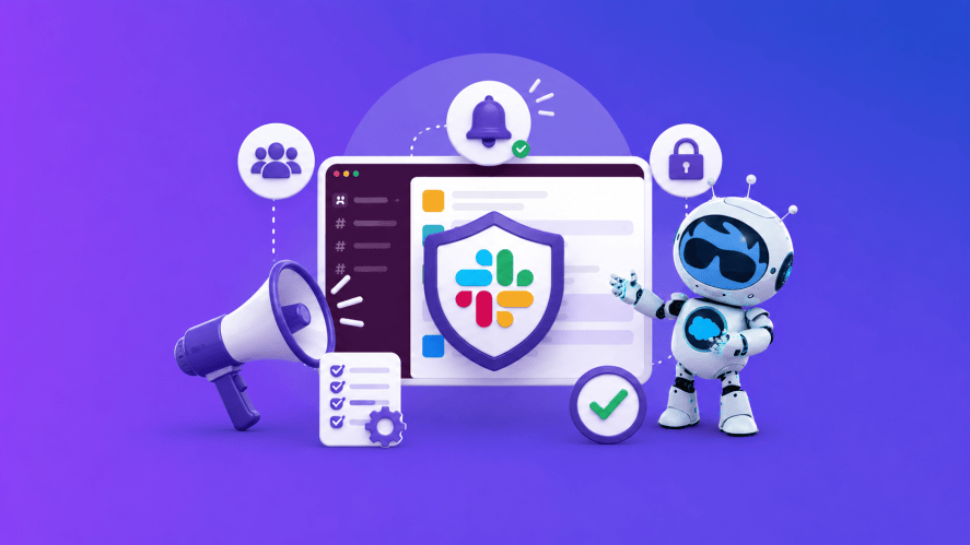 An illustration showcasing Slack interface with communication icons all around, and Salesforce astro character on a purple background.