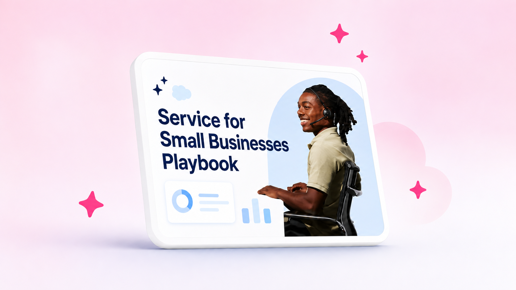 The Salesforce branded ipad image of Service for small business playbook on a pink gradient background with dark pink stars.