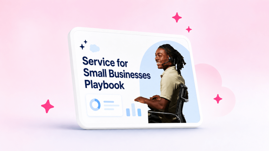 The Salesforce branded ipad image of Service for small business playbook on a pink gradient background with dark pink stars.
