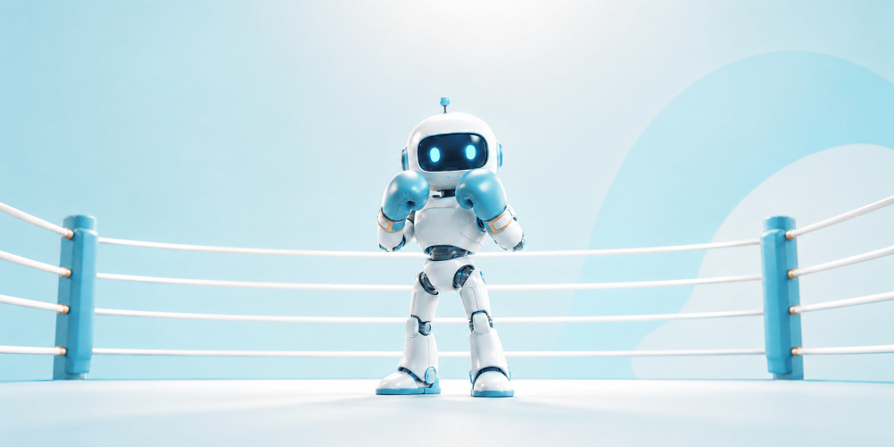 Illustration of an AI agent in a boxing ring with blue background.