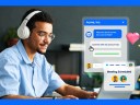 A customer service rep sitting at a desk using a Help Agent with icons on screen.