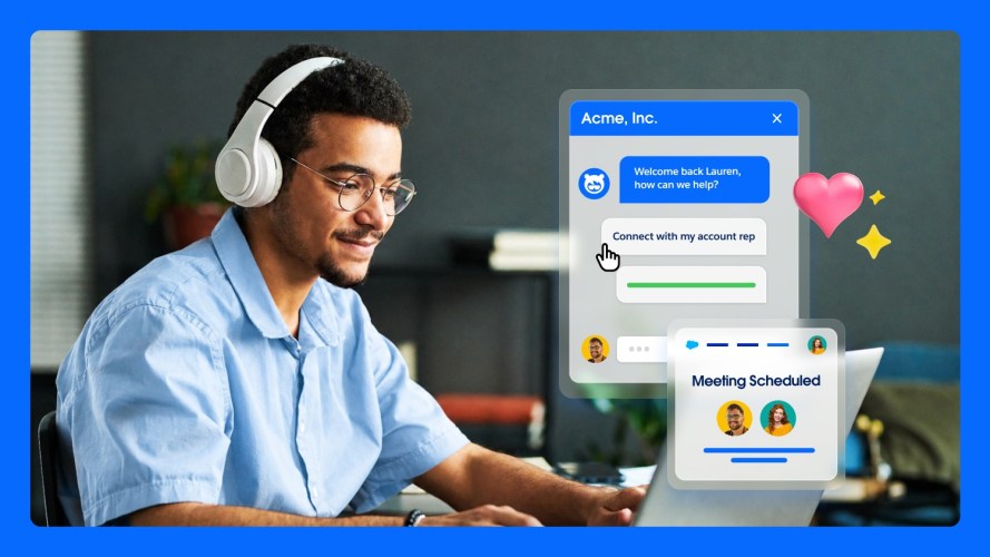 A customer service rep sitting at a desk using a Help Agent with icons on screen.