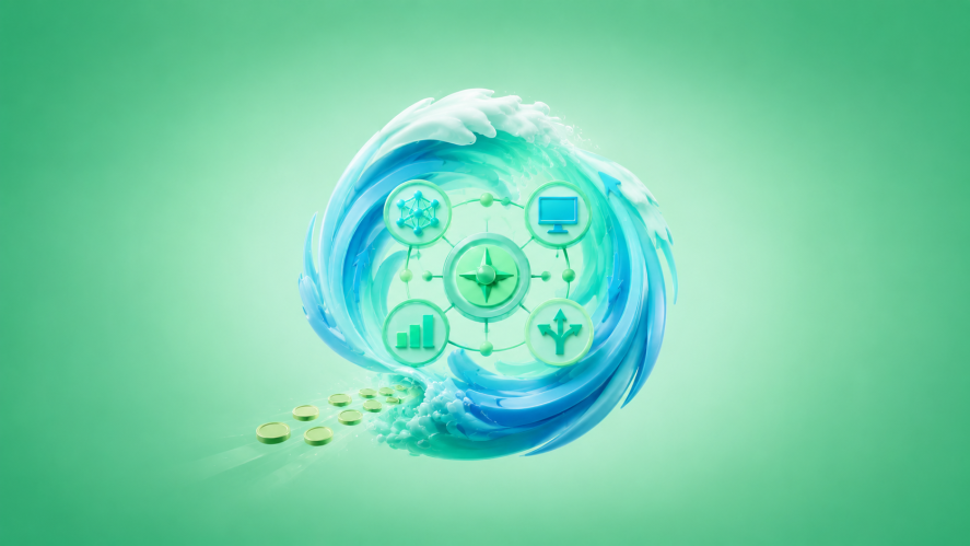 Illustration of a wave of cash, on a green background.